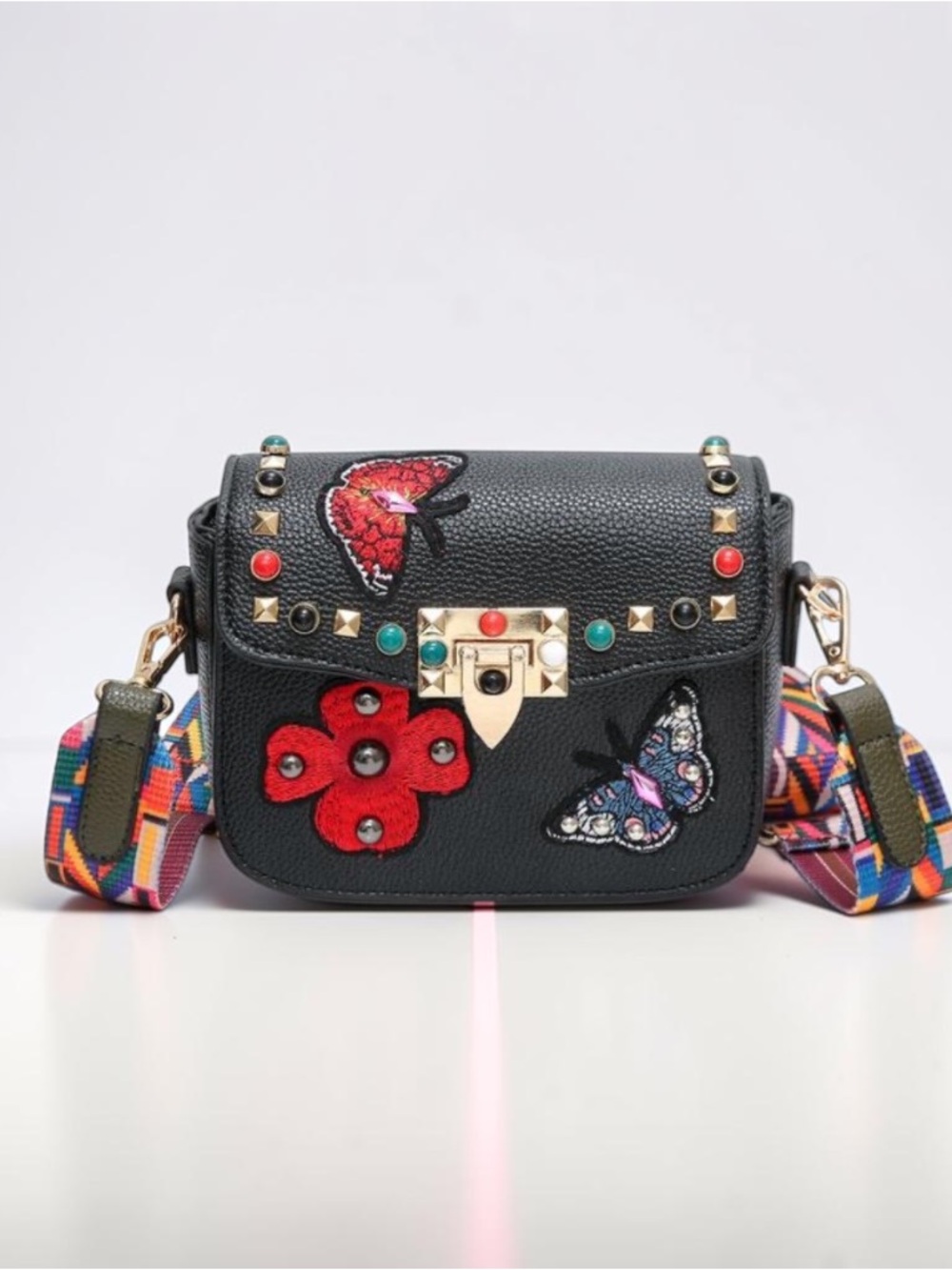Chloe K. Black studded embroidered crossbody bag